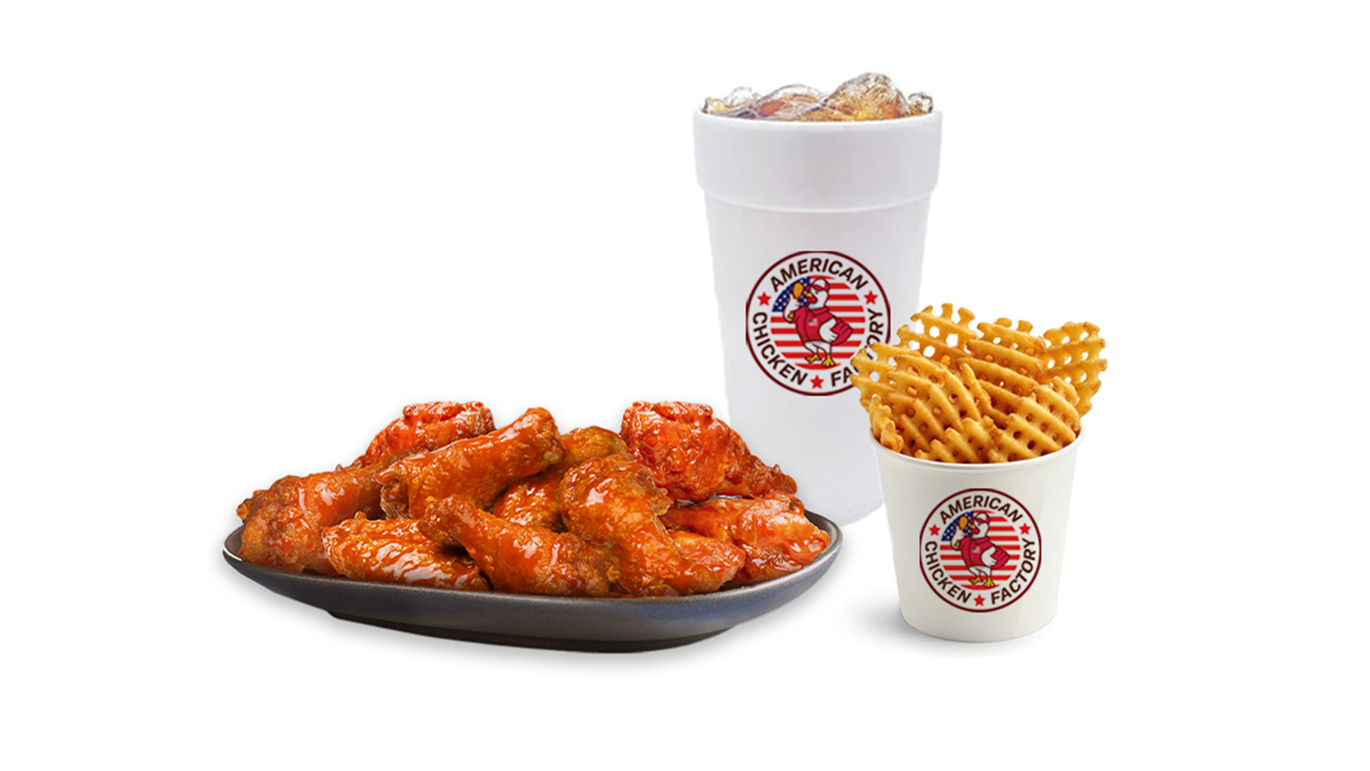 Pieces of wings with waffle fries and a drink at American Chicken Factory, a American Fast Food Restaurant in Lithonia