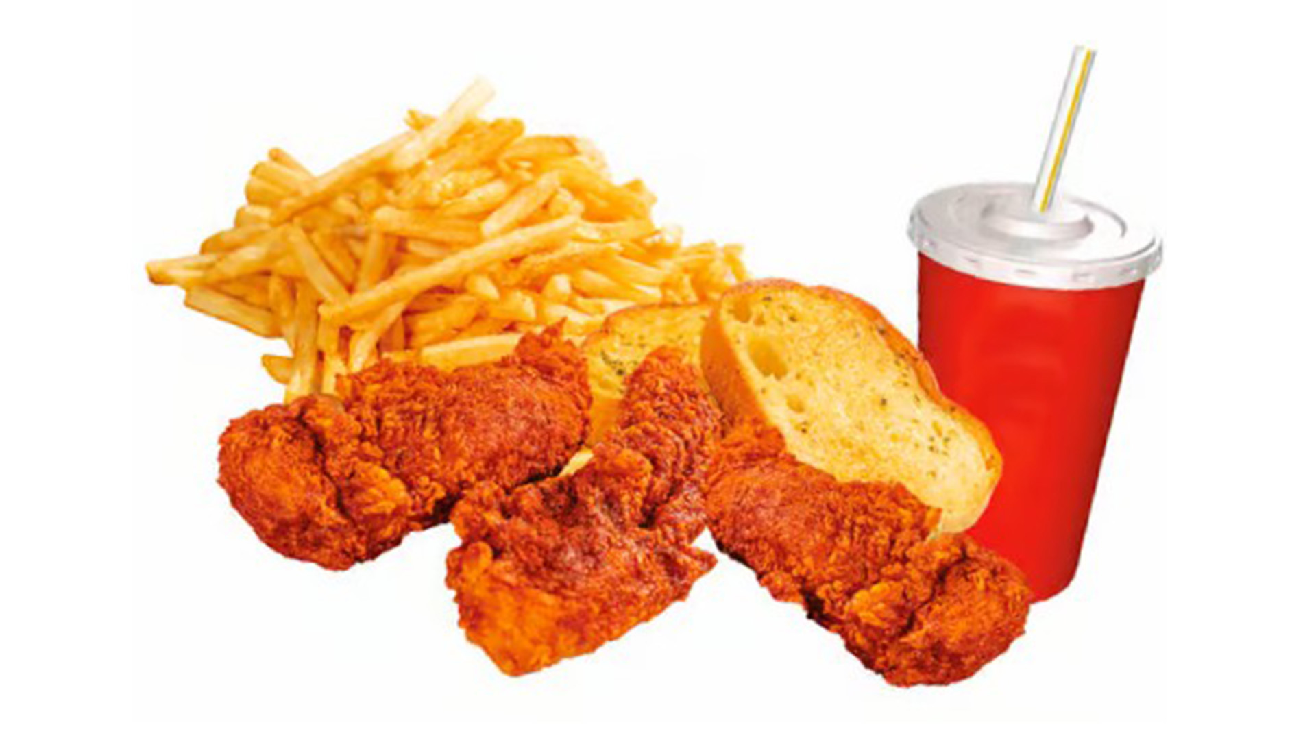 3 pieces of hot chicken fingers with fries and a drink at American Chicken Factory, a American Fast Food Restaurant in Lithonia