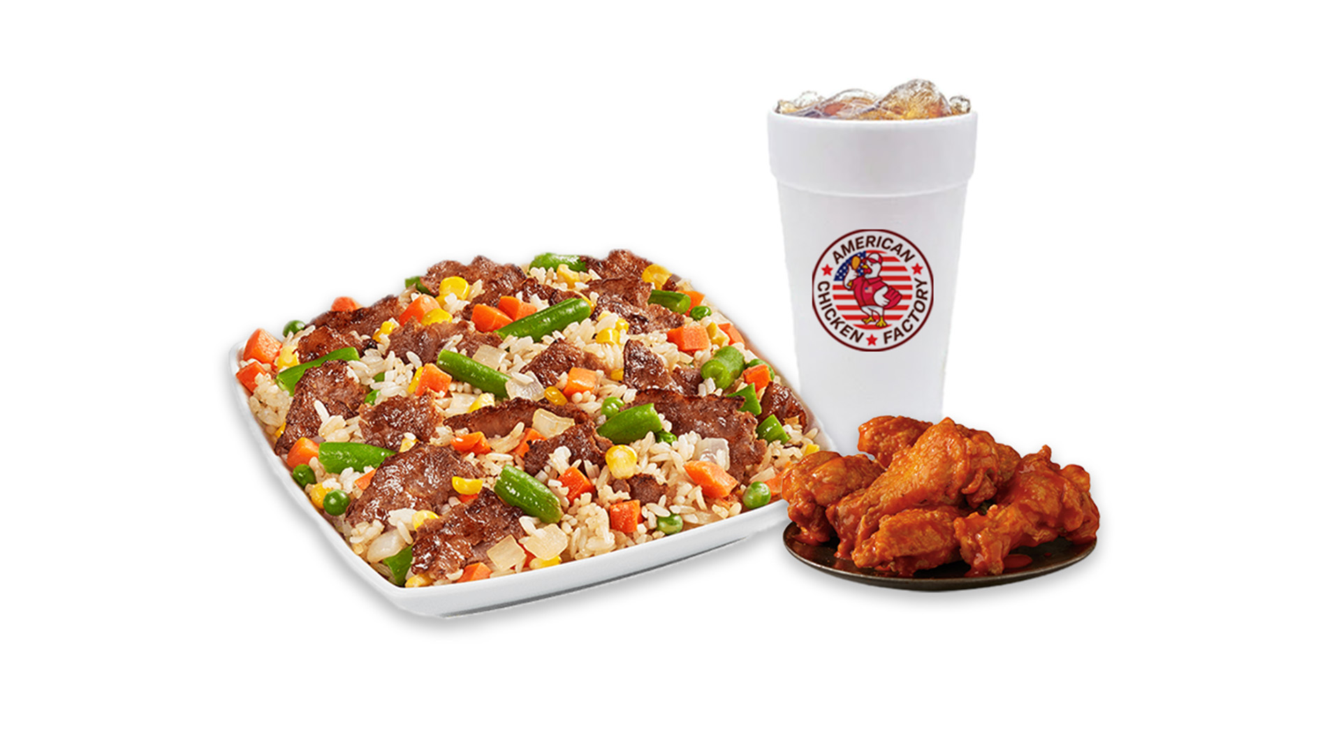 Beef fried rice with 5 pieces of wings and a drink at American Chicken Factory, a American Fast Food Restaurant in Lithonia