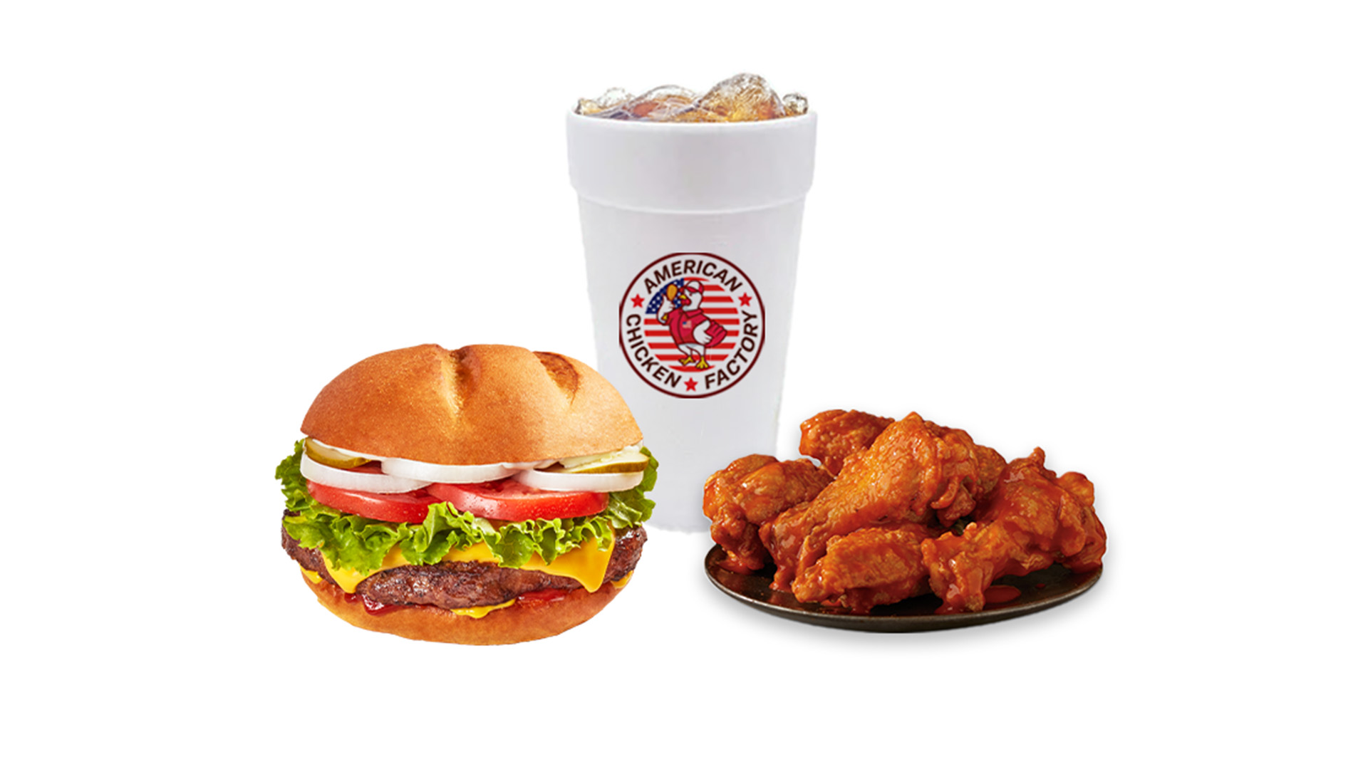 Combo with a juicy burger and 5 pieces of chicken wings at American Chicken Factory, a American Fast Food Restaurant in Lithonia