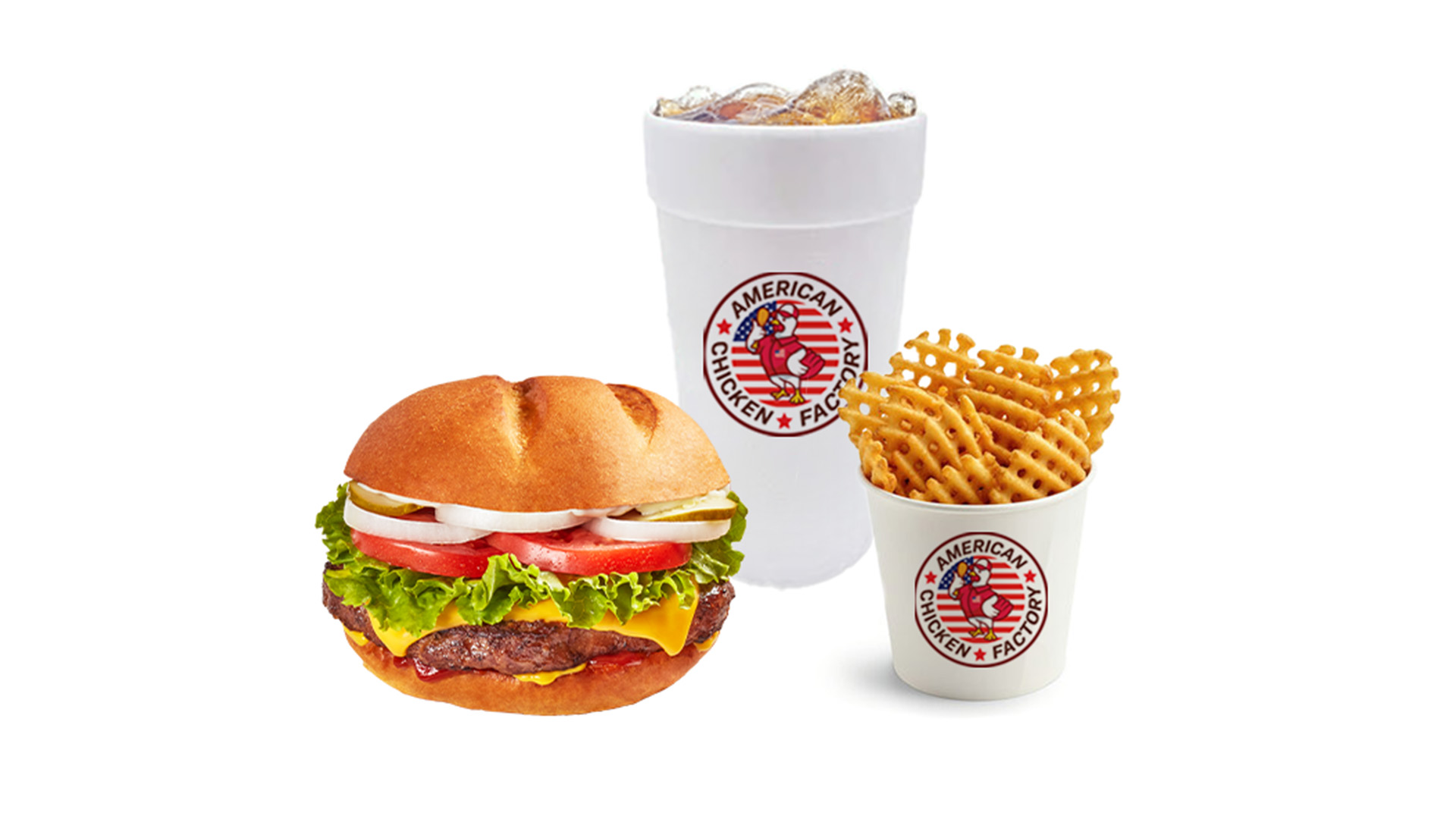 Tasty burger with waffle fries and a drink at American Chicken Factory, a American Fast Food Restaurant in Lithonia