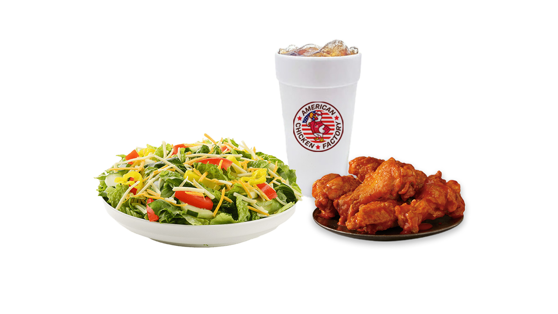 Fresh garden salad with 5 pieces of wings and a drink at American Chicken Factory, a American Fast Food Restaurant in Lithonia