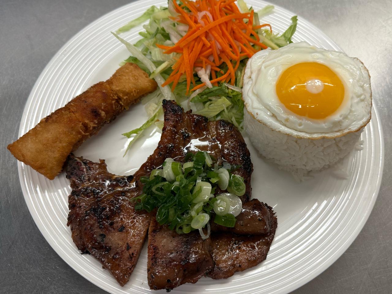 An-Chi-Vietnamese-restaurant-Rice-Combo-San-Francisco Rice Combo Rice plate with grilled pork, egg, and spring roll at An Chi, a Vietnamese restaurant in San Francisco