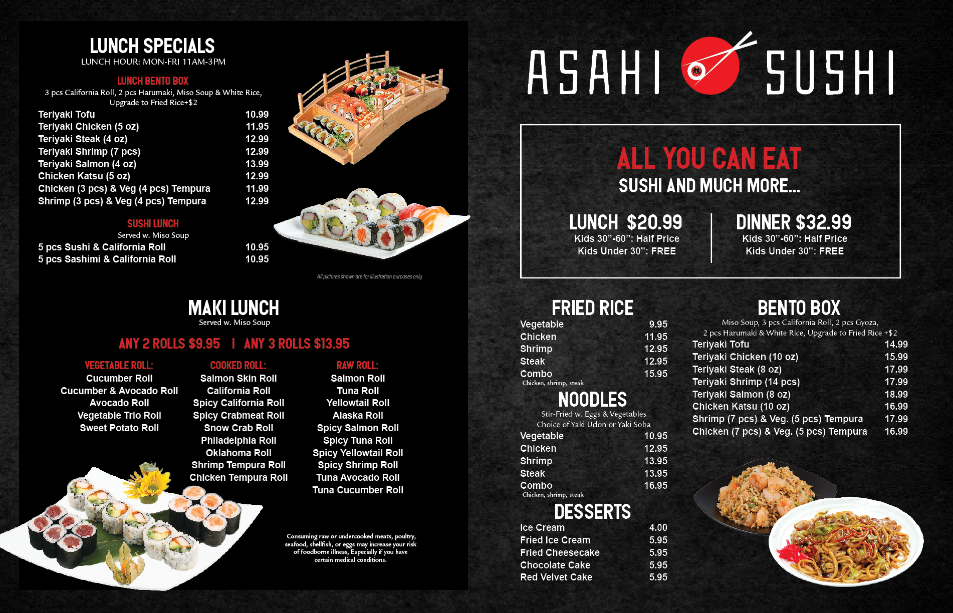 A menu from Asahi Sushi, offering sushi, fried rice, noodles, and bento boxes.
