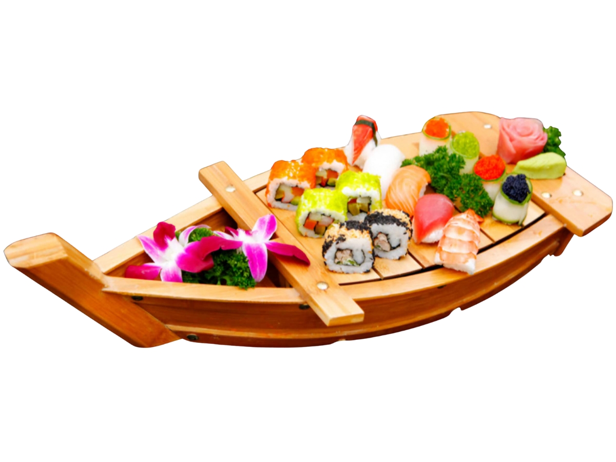 Sushi served on a wooden boat - shaped platter, decorated with flowers.