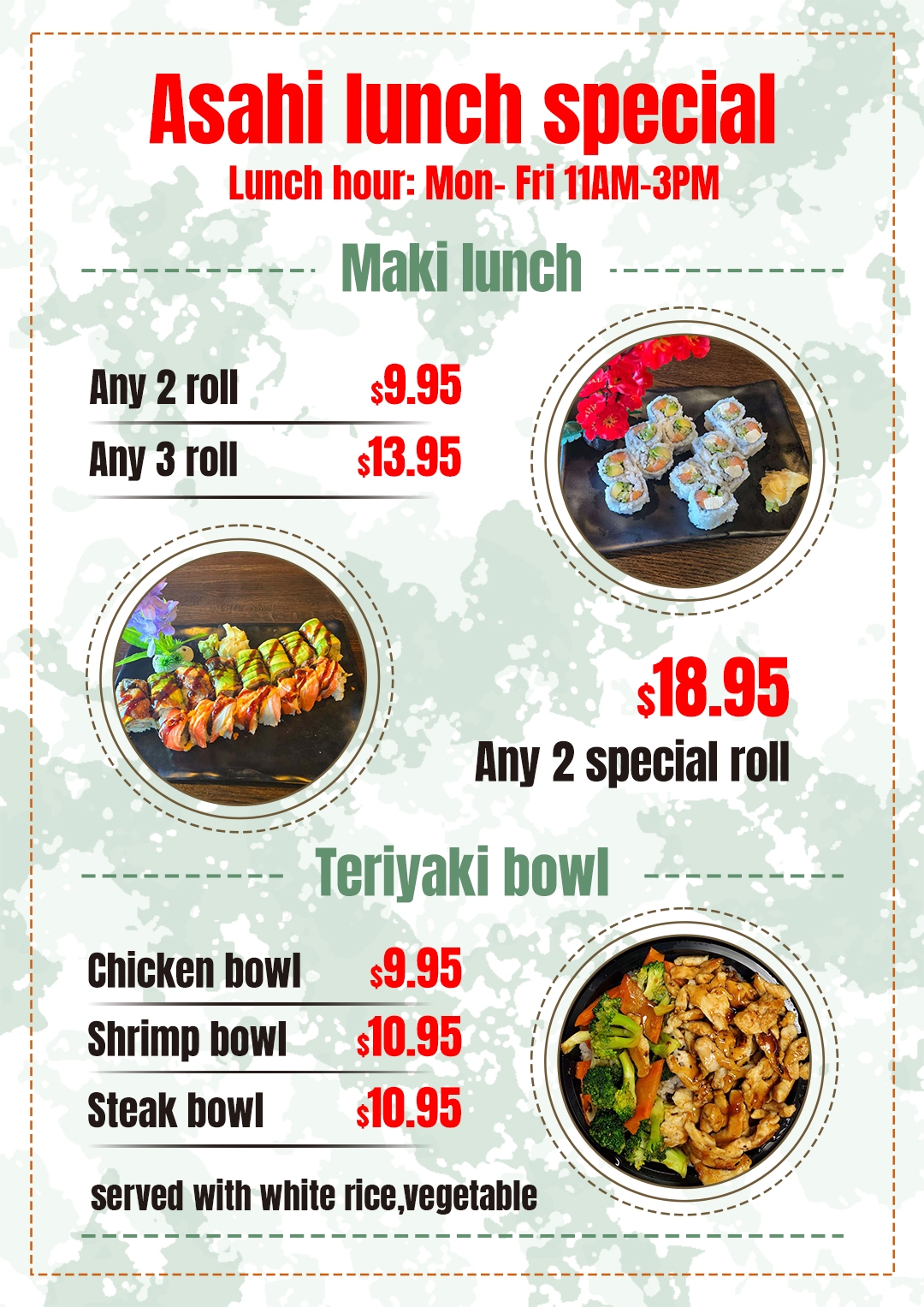 Asahi lunch special menu: Maki rolls, special rolls, and teriyaki bowls with prices, served Mon-Fri 11AM-3PM