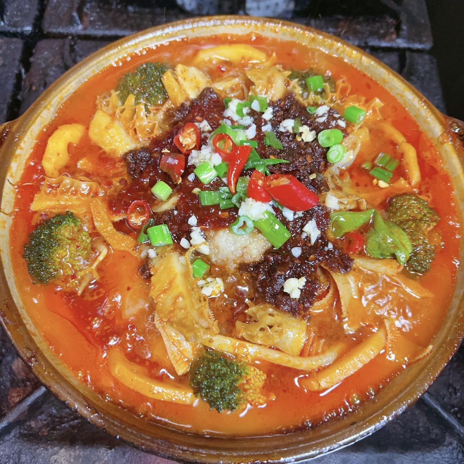 A⁺砂锅铁板饭-Chinese-restaurant-Spicy-Hot-Pot-with-Tofu-Meat-and-Vegetables-Flushing Spicy hot pot with tofu, meat, and vegetables from A⁺砂锅铁板饭, a Chinese restaurant in Flushing