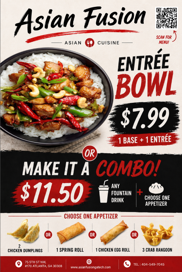 Asian Fusion Asian‑cuisine flyer featuring spicy chicken rice entrée bowl for $7.99, $11.50 combo with drink and appetizer options. Shows dumplings, spring rolls, crab rangoon; includes address, website, phone and menu QR code.