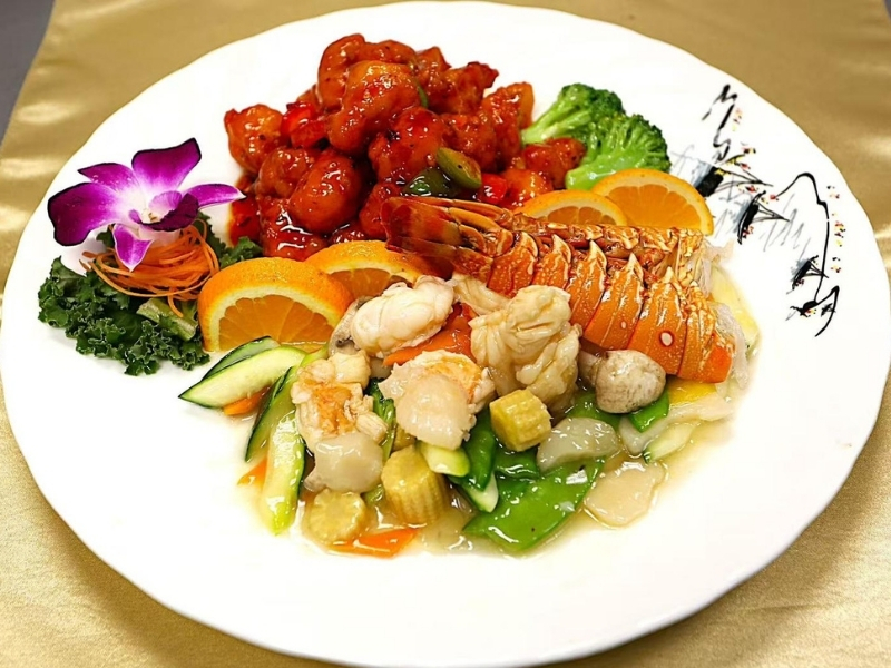Asian-Garden-Asian-Restaurant-Dragon-&-Phoenix-Hoschton Combination of lobster and chicken with veggies at Asian Garden, a Asian Restaurant in Hoschton