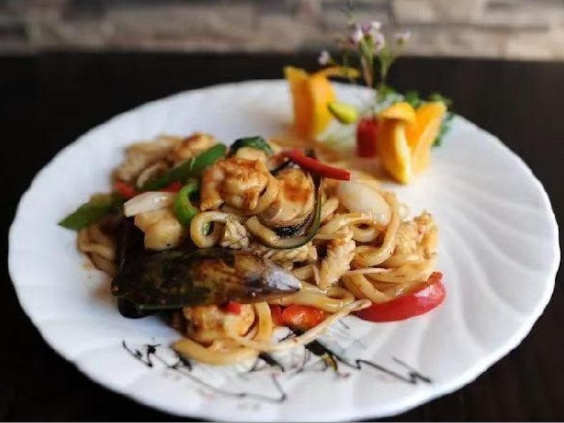 Asian-Garden-Asian-Restaurant-Fried-Seafood-Udon-Noodle-Hoschton Udon noodles stir - fried with seafood and veggies at Asian Garden, a Asian Restaurant in Hoschton