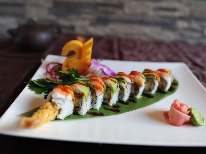 Asian-Garden-Asian-Restaurant-Super-Crunchy-Roll-Hoschton Sushi roll with tempura shrimp and toppings at Asian Garden, a Asian Restaurant in Hoschton