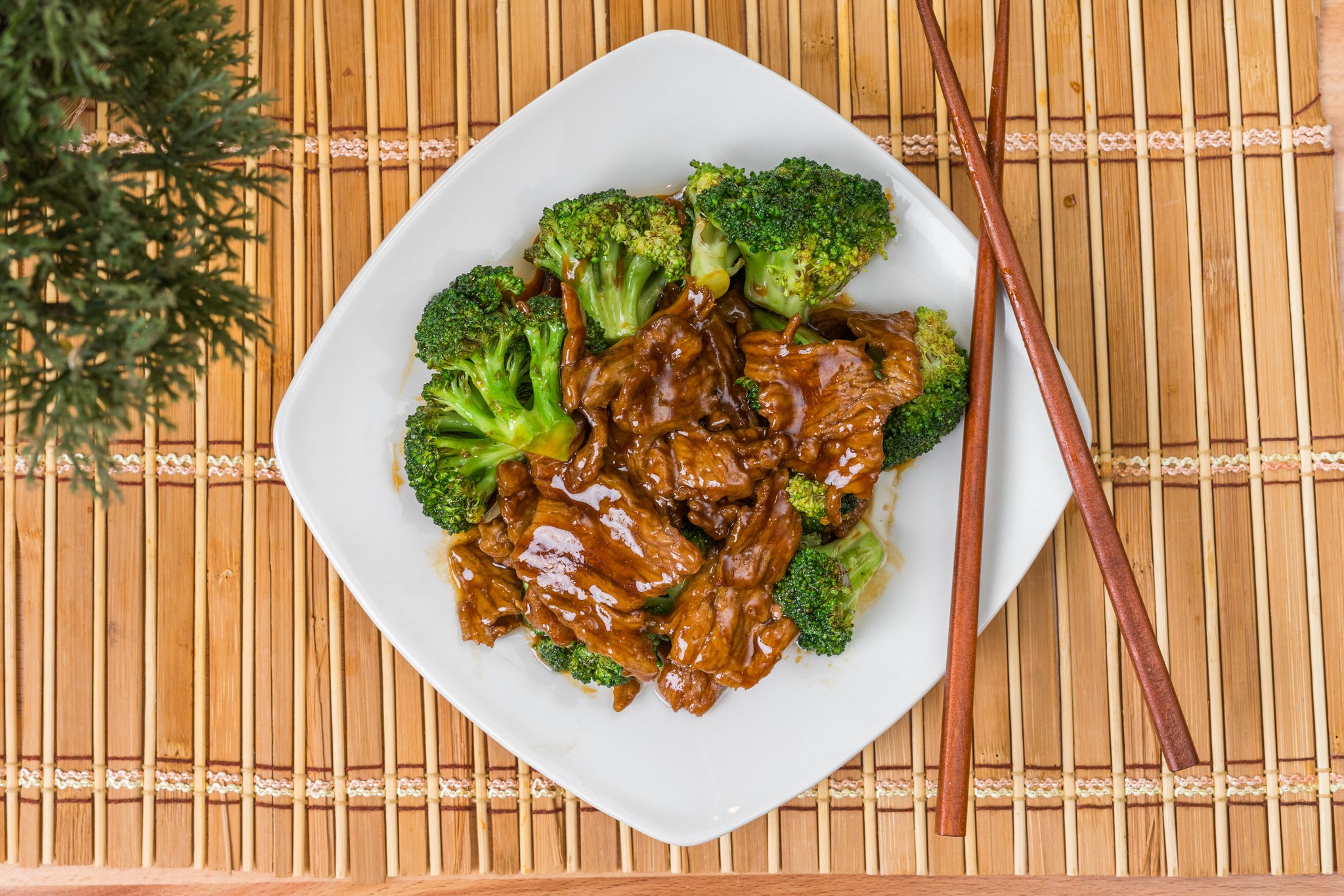 Beef with broccoli in glossy brown sauce on white plate