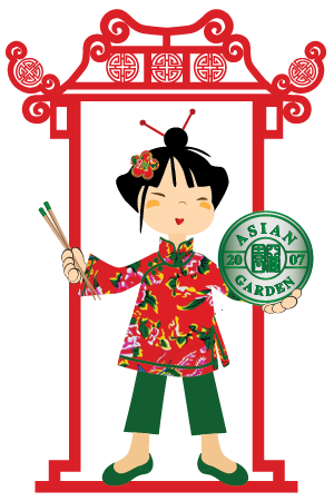 Cartoon Chinese girl holding chopsticks and Asian Garden sign.