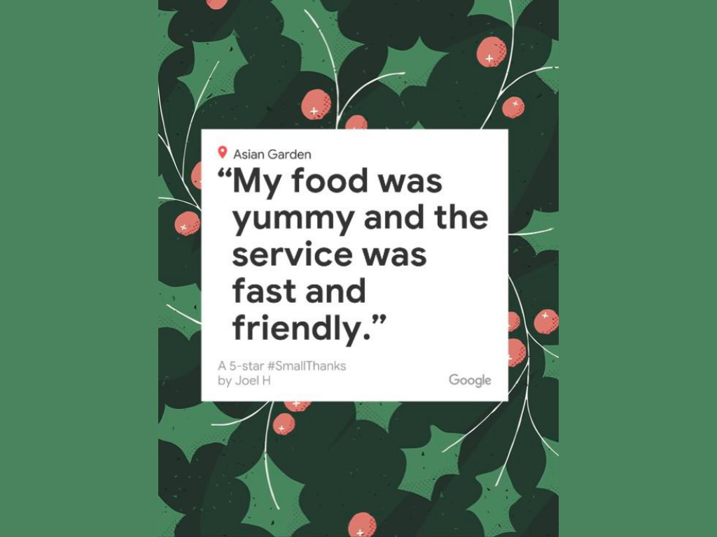 Google 5-star customer quote card for Asian Garden restaurant