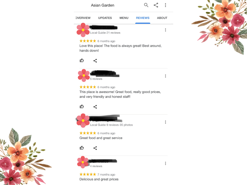 Google customer reviews screenshot of Asian Garden restaurant