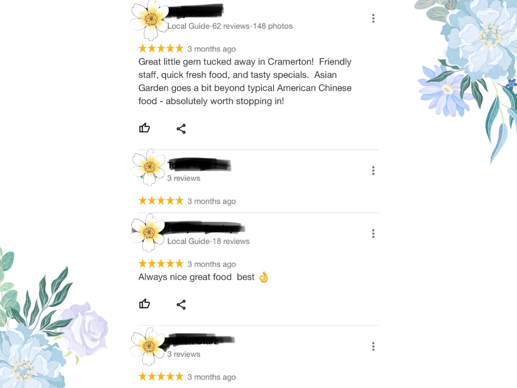 Google positive customer reviews screenshot of Asian Garden