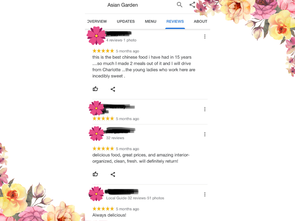 Google reviews page screenshot for Asian Garden restaurant