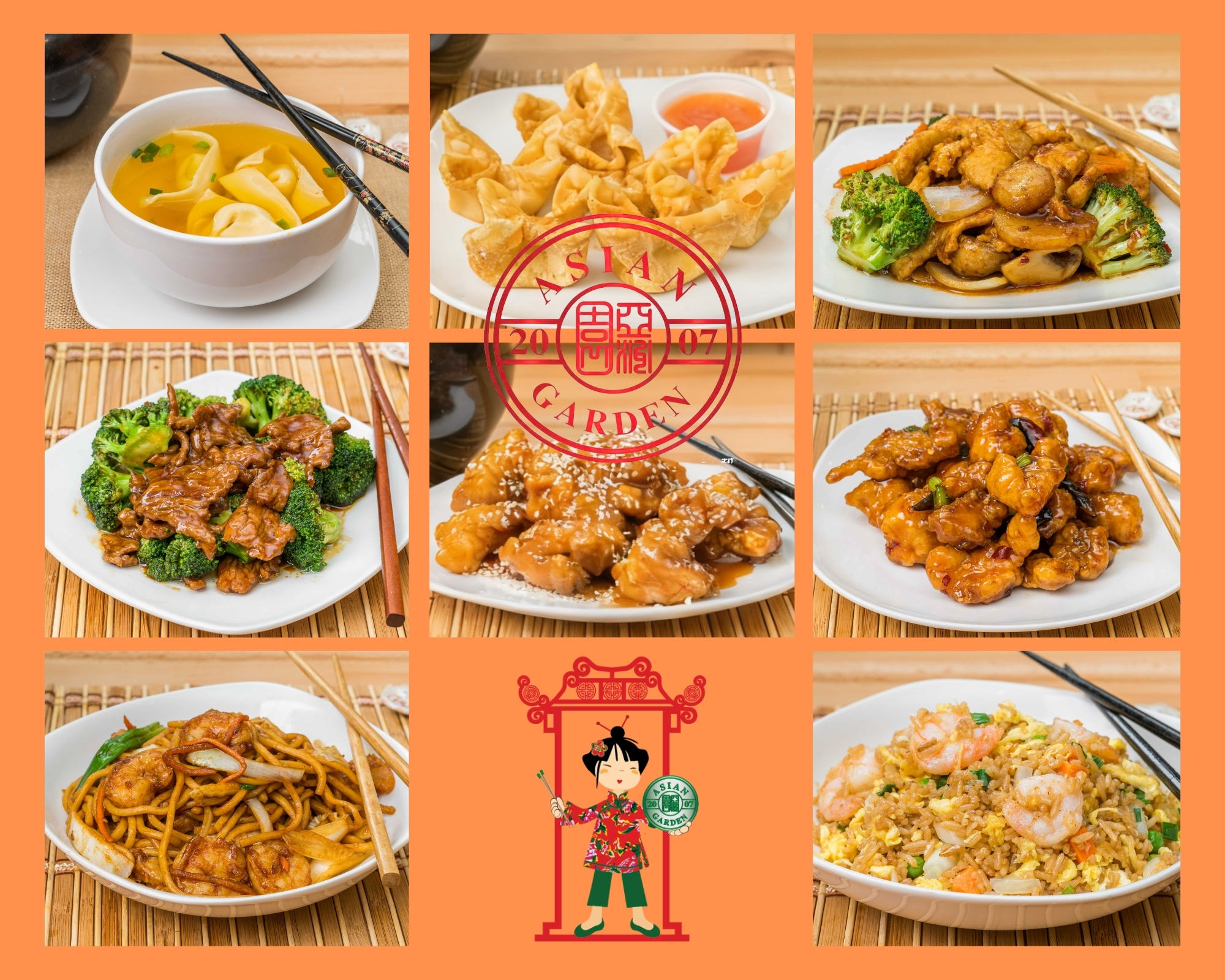 Nine-grid collage featuring assorted classic Asian restaurant dishes.