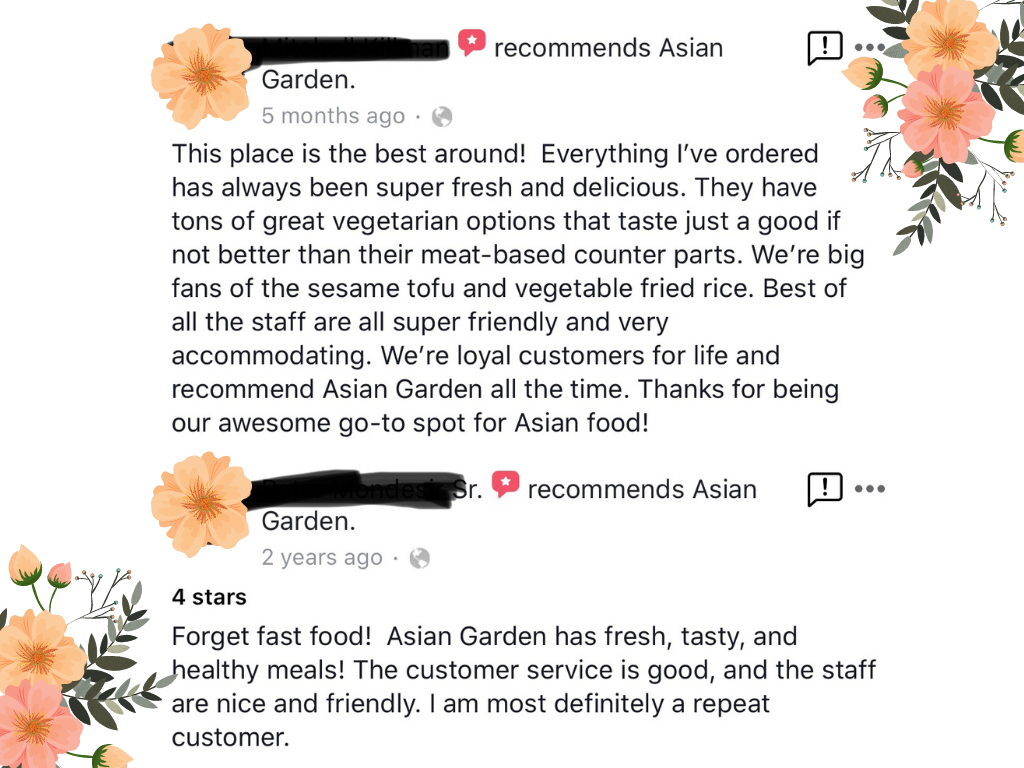 Screenshot of 5-star customer reviews for Asian Garden restaurant