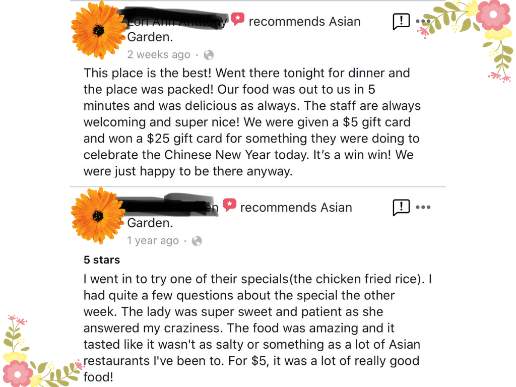 Screenshot of positive customer reviews for Asian Garden