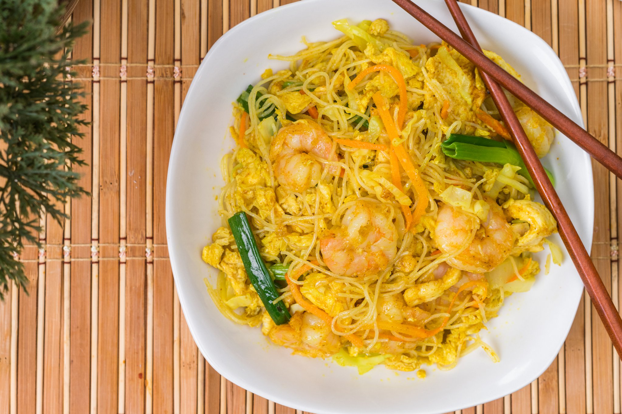 Singapore noodles with shrimp, chicken, egg and mixed vegetables