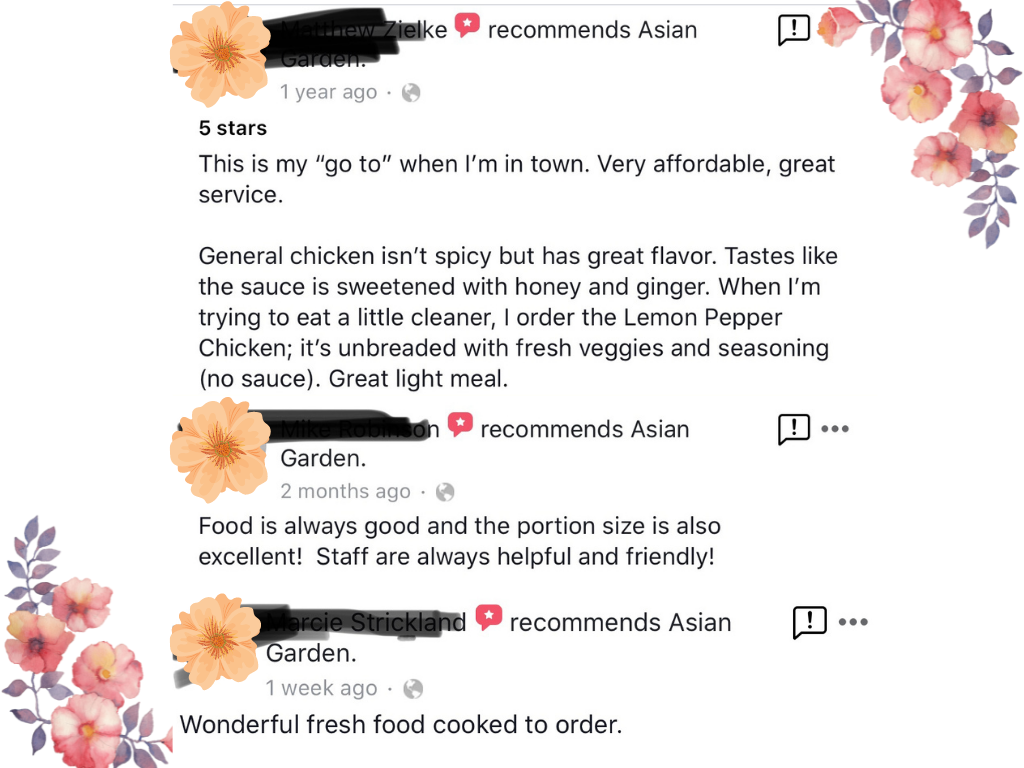 Three 5-star customer reviews for Asian Garden restaurant