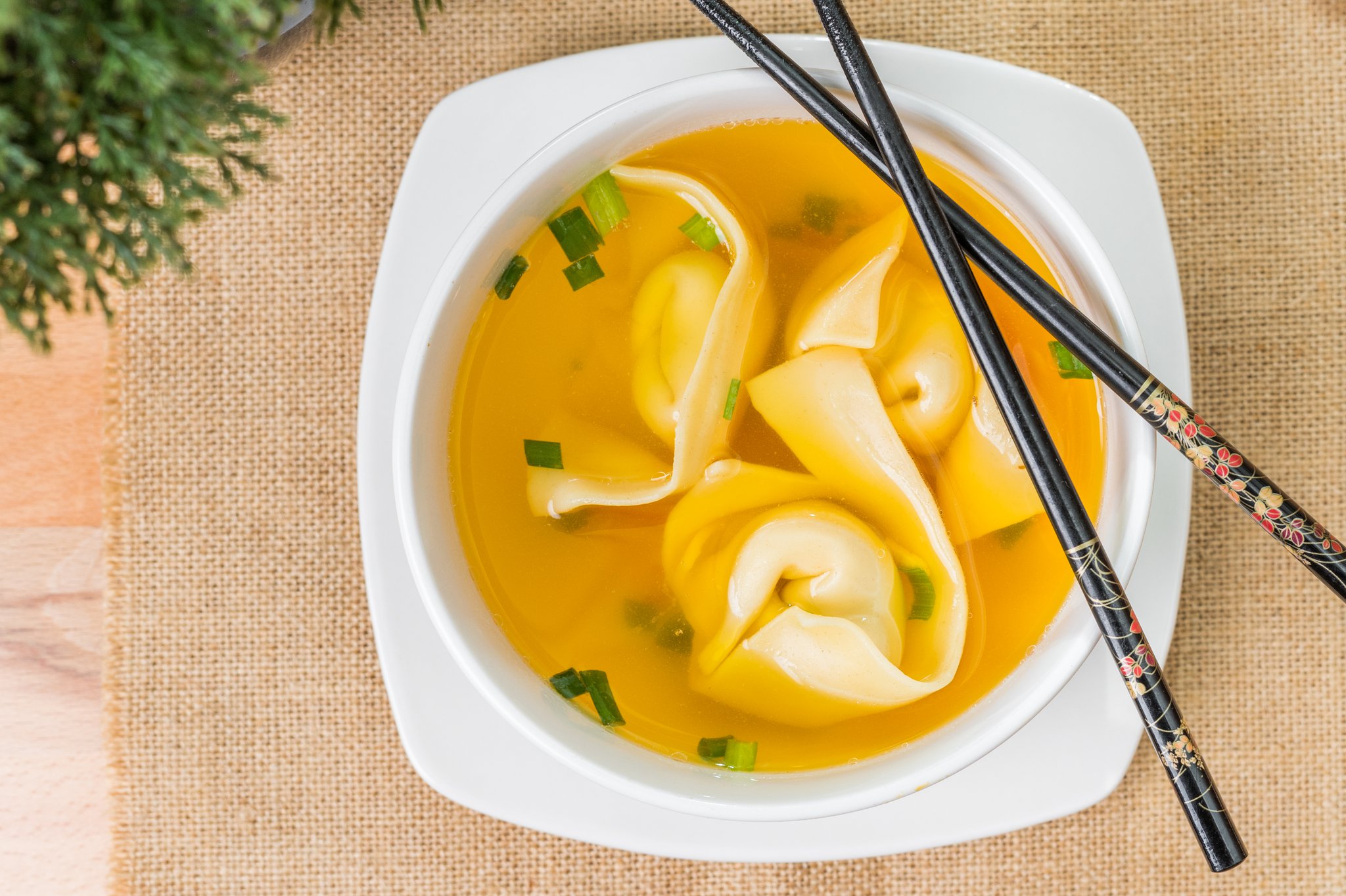 Wonton soup with tender wontons and chopped green onion