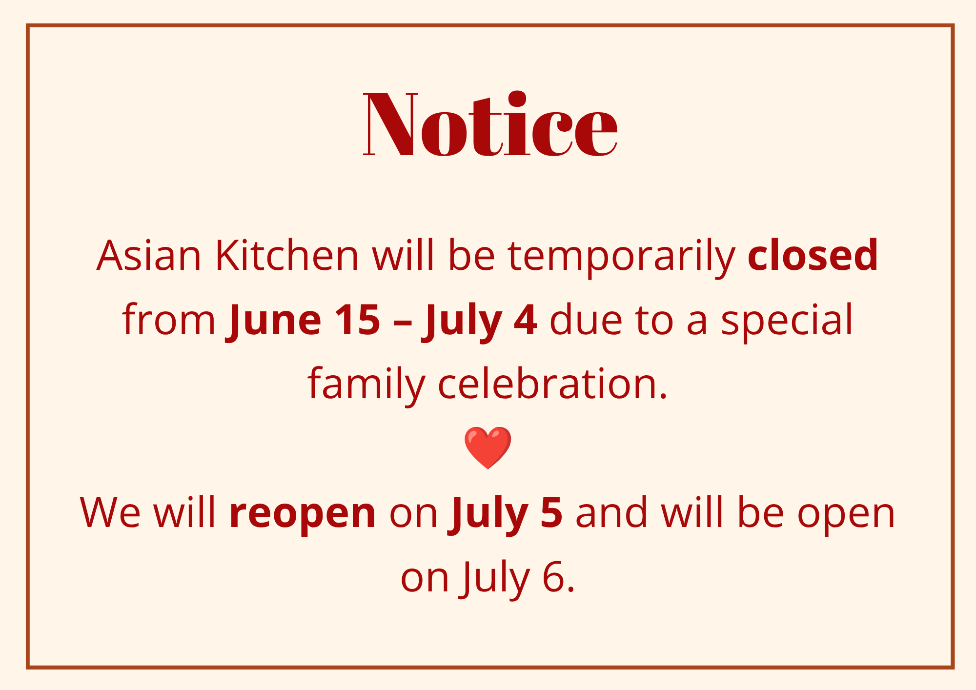 Notice of Special Operating Hours
