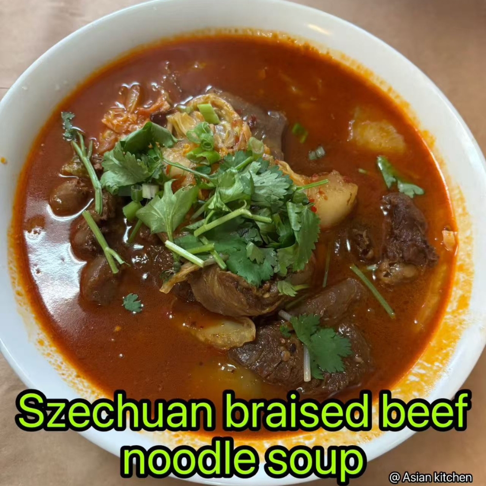 Szechuan-style braised beef noodle soup, spicy and rich in flavor at Asian Kitchen, a Asian Restaurant in Rochester