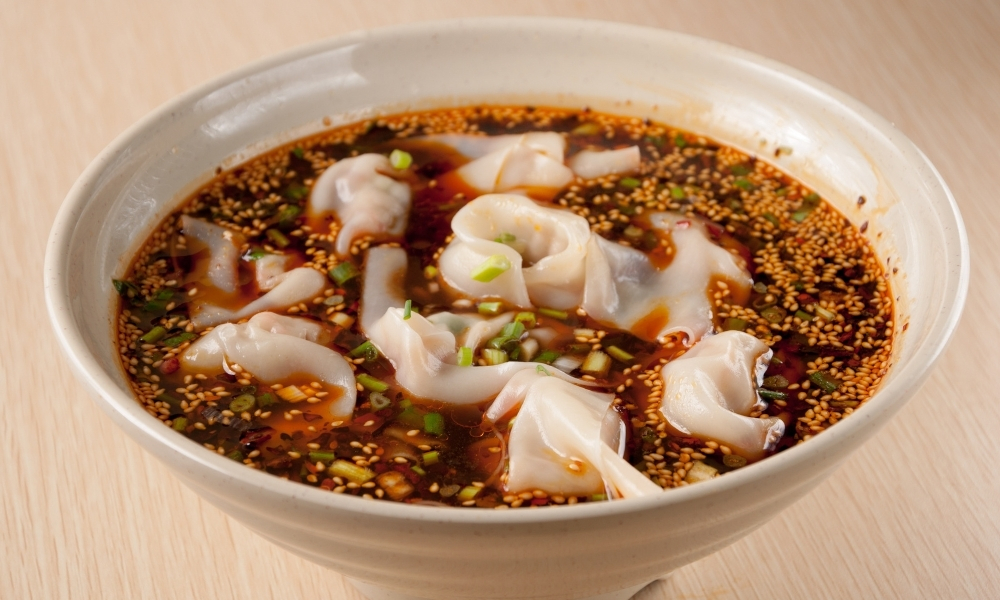 Spicy red oil wontons at Asian Plate, a Chinese Restaurant in Arcadia