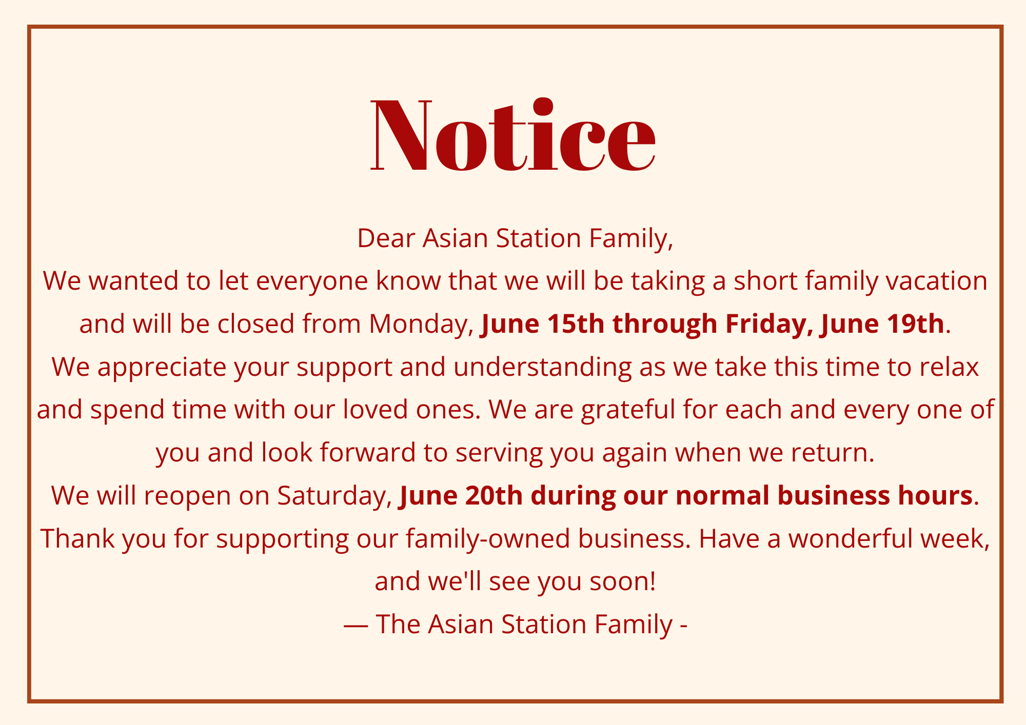 Notice of Special Operating Hours