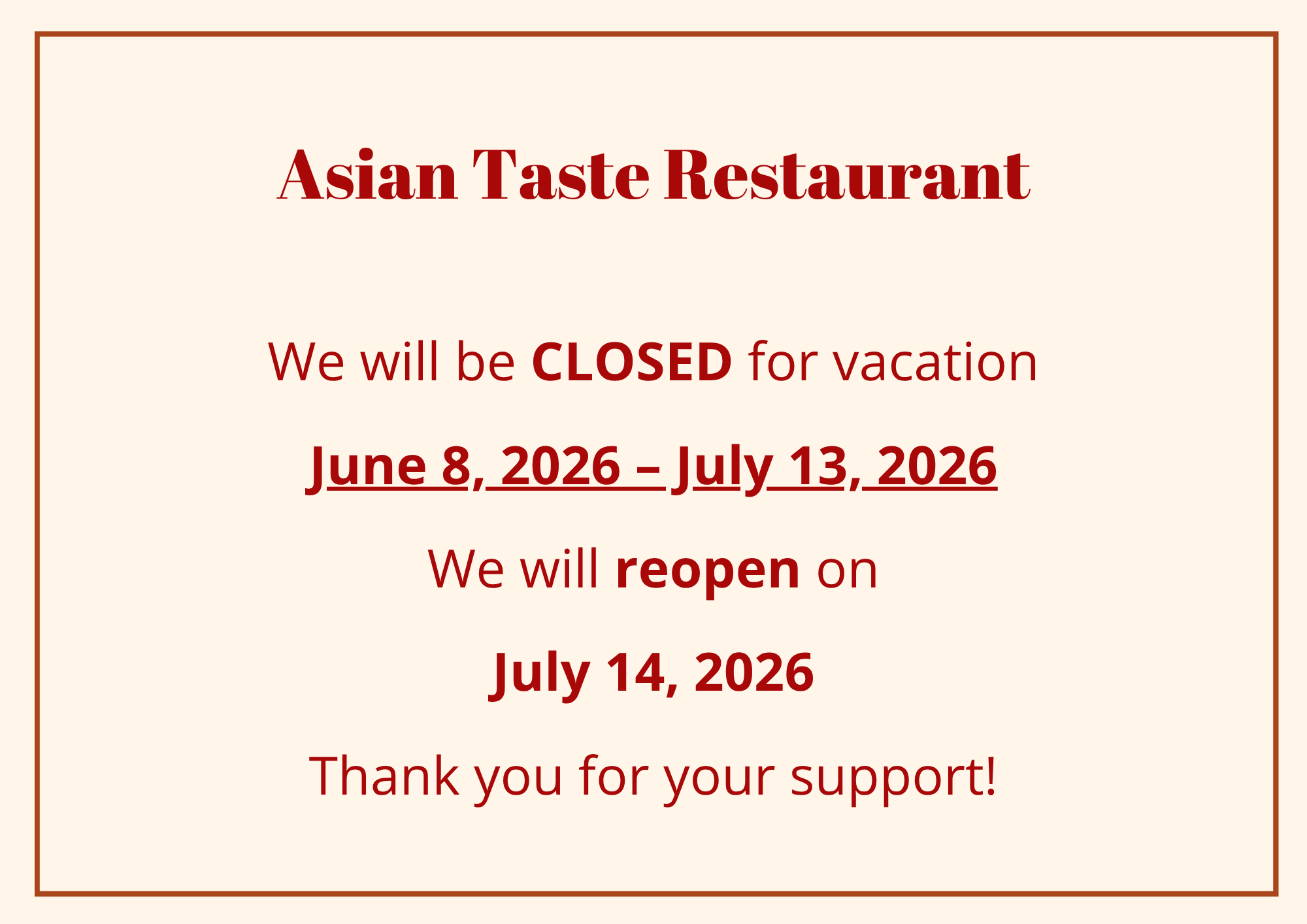 Notice of Special Operating Hours