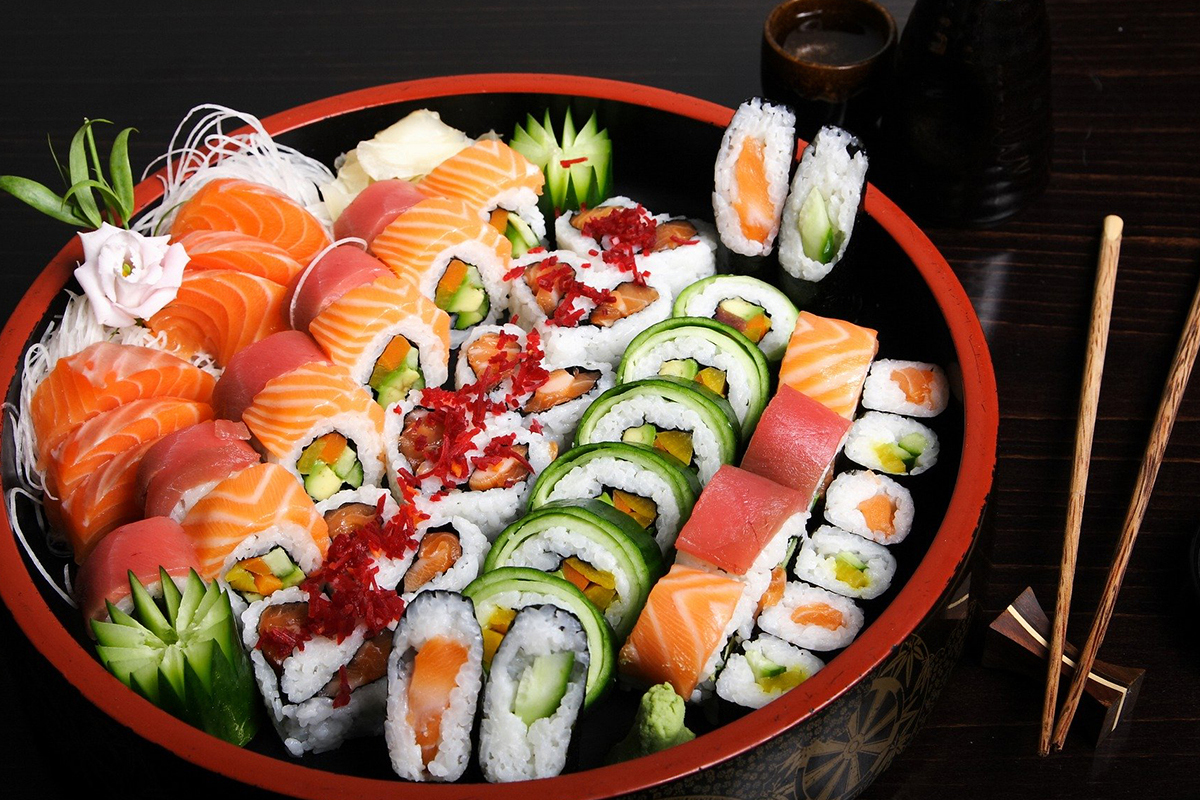 Assorted sushi platter with salmon, tuna and cucumber rolls at Asuka, an Asian Fusion Restaurant in Bloomington