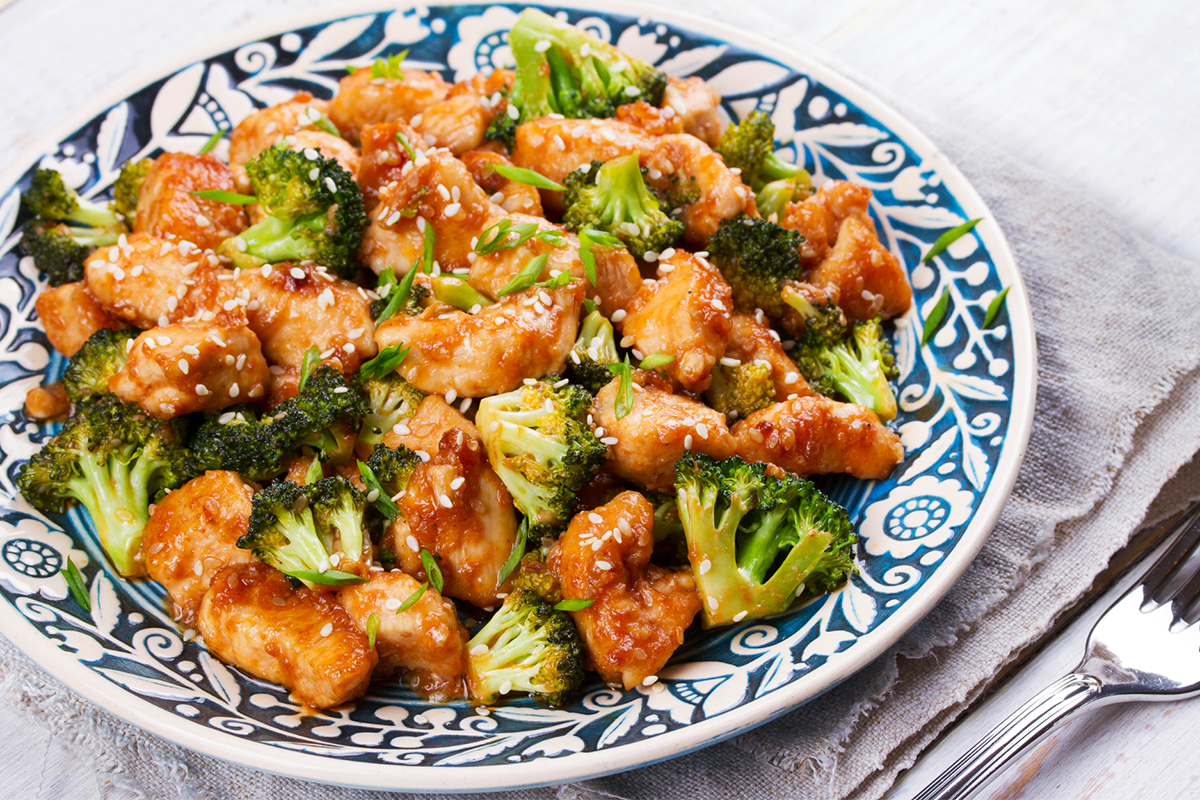 Chicken and broccoli stir-fry with sesame seeds at Asuka, an Asian Fusion Restaurant in Bloomington