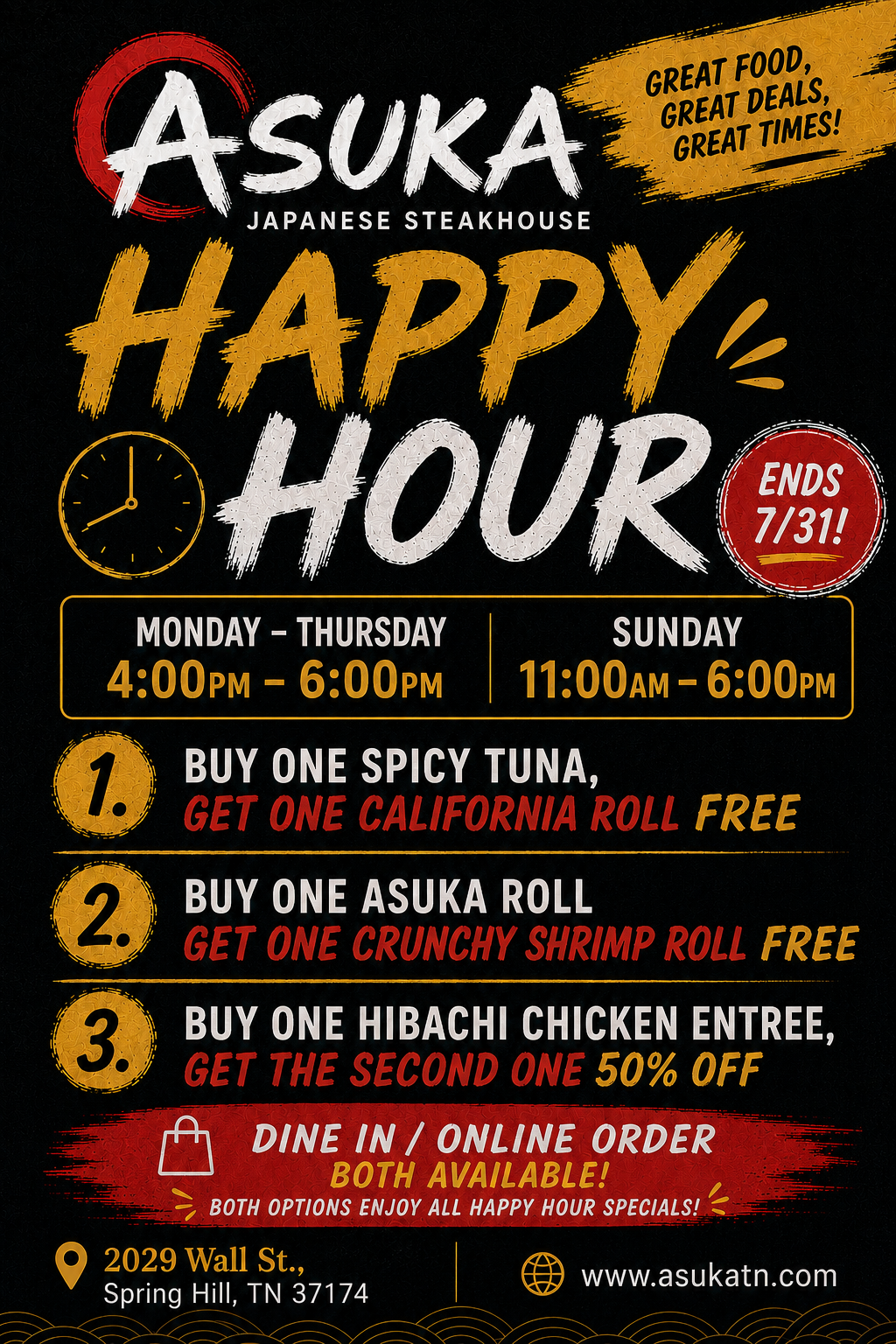 Asuka Japanese Steakhouse Happy Hour ad: buy-one-get-one rolls and 50% off hibachi, ends July 31.