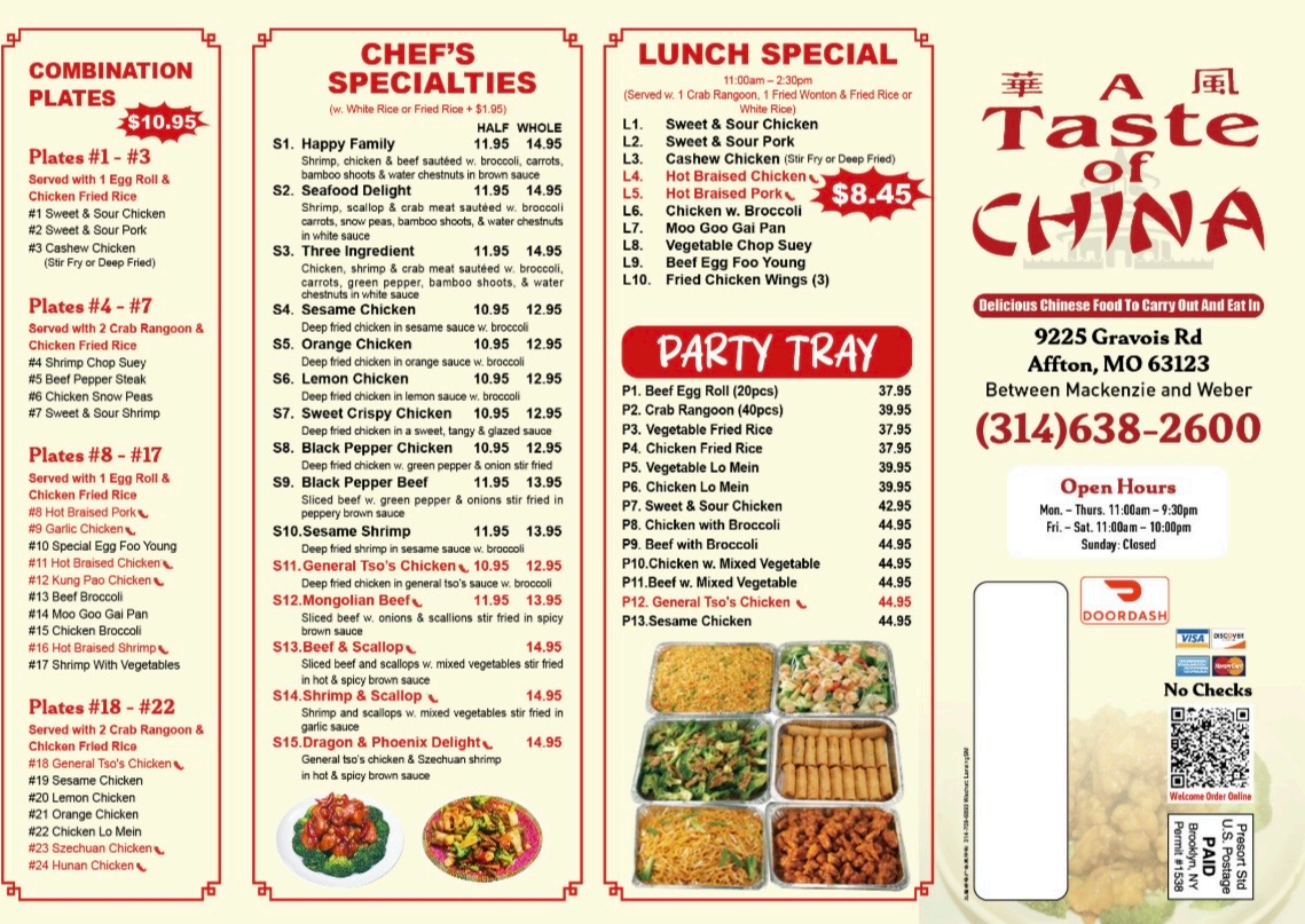 Authentic Chinese restaurant menu for A Taste of China STL featuring appetizers, soups, main dishes, and chef specialties with prices