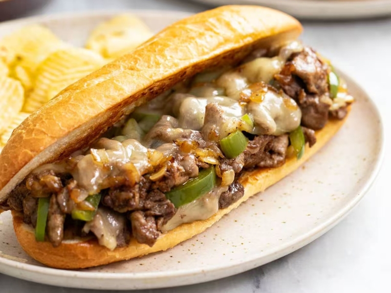 Philly cheesesteak sandwich with peppers and onions