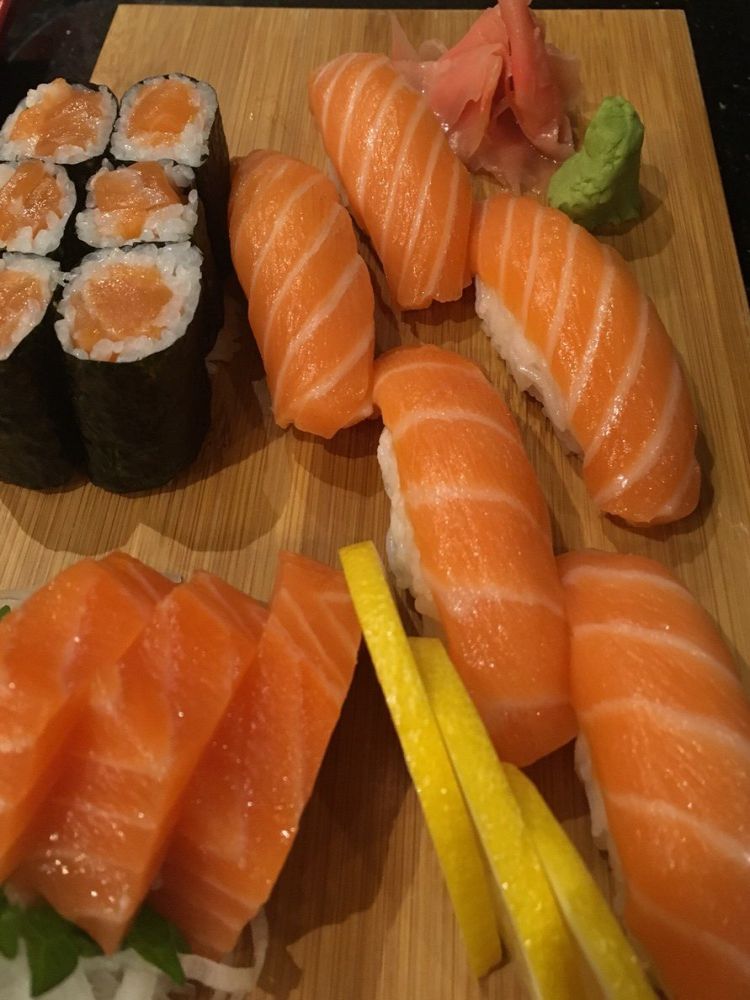 Salmon sushi, rolls, and fresh salmon sashimi platter at Ichiban Sushi & Hibachi, a Japanese Restaurant in Auburn.