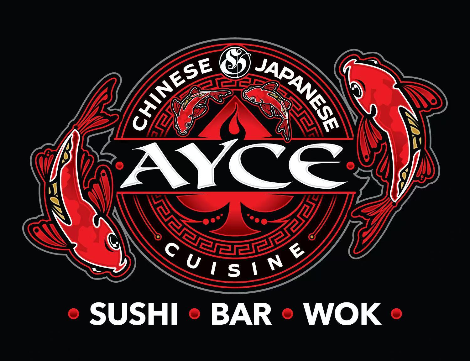 AYCE Bar & Wok logo with koi fish and Chinese/Japanese cuisine text