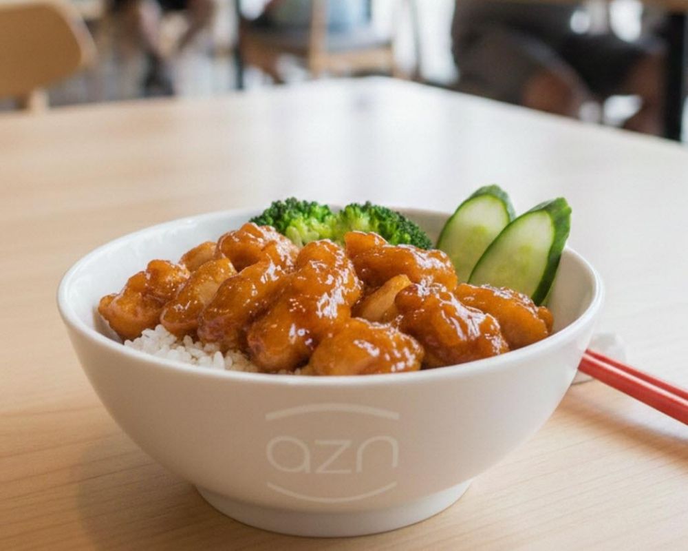 Crispy orange chicken over rice with veggies at AZN Bowls. Bao. Juice Bar, a Health food Restaurant in Duluth