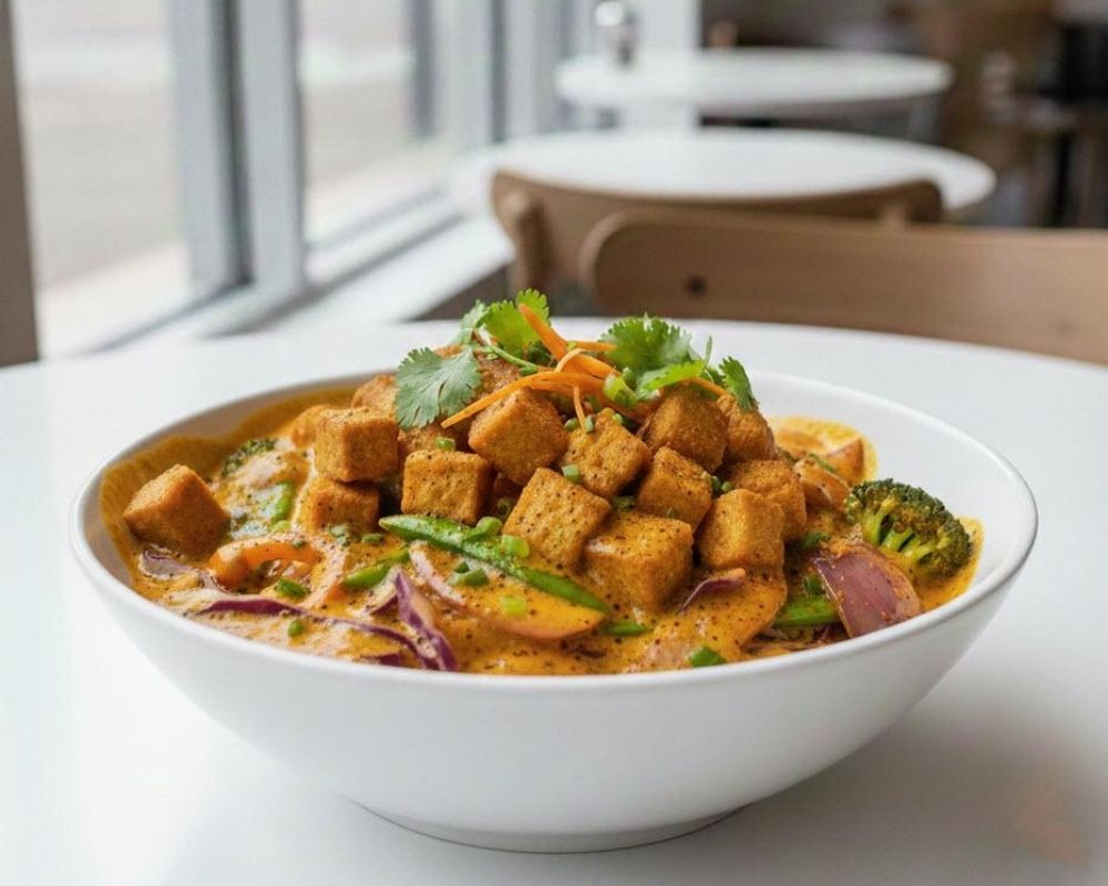 Coconut curry tofu bowl with veggies and cilantro at AZN Bowls. Bao. Juice Bar, a Health food Restaurant in Duluth