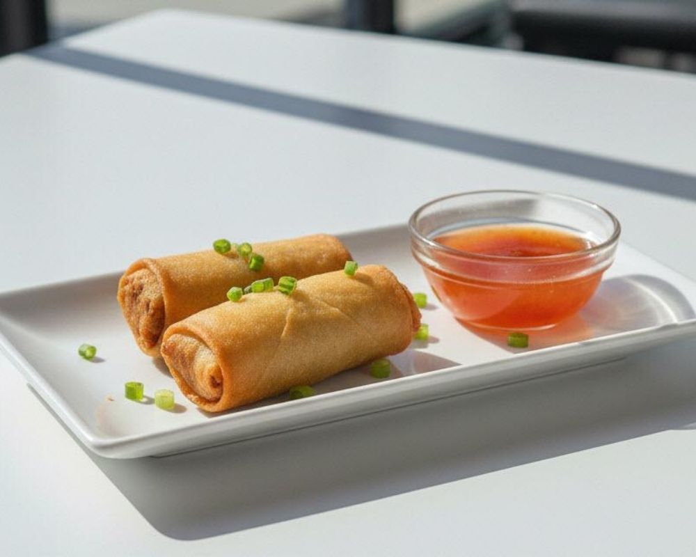 Crispy egg rolls with sweet chili sauce and green onions at AZN Bowls. Bao. Juice Bar, a Health food Restaurant in Duluth