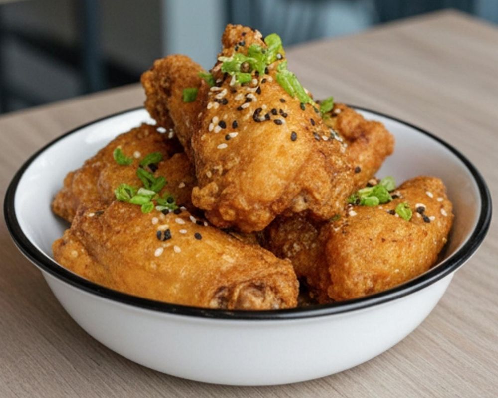 Crispy fried chicken wings with sesame and green onions at AZN Bowls. Bao. Juice Bar, a Health food Restaurant in Duluth