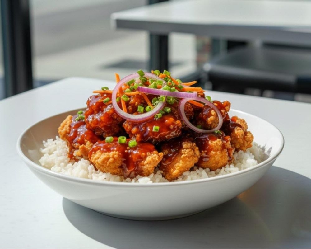 Crispy sweet spicy chicken over rice with onions at AZN Bowls. Bao. Juice Bar, a Health food Restaurant in Duluth