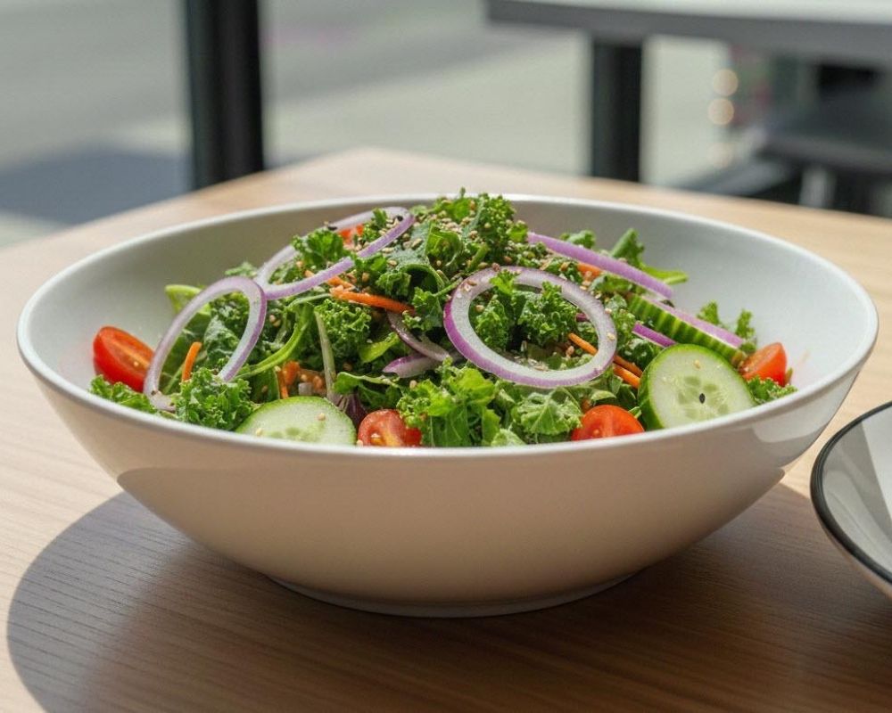 Fresh kale salad with veggies and sesame seeds at AZN Bowls. Bao. Juice Bar, a Health food Restaurant in Duluth