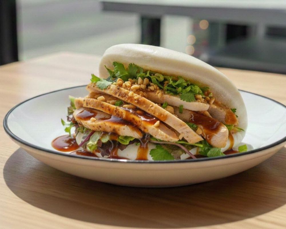 Grilled chicken bao bun with sauce and cilantro at AZN Bowls. Bao. Juice Bar, a Health food Restaurant in Duluth