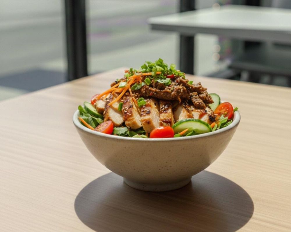 Grilled chicken salad with spicy sauce and fresh veggies at AZN Bowls. Bao. Juice Bar, a Health food Restaurant in Duluth