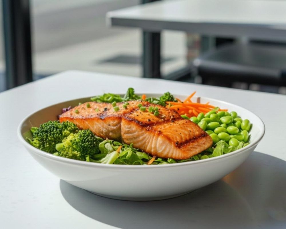 Grilled salmon with fresh veggies and greens at AZN Bowls. Bao. Juice Bar, a Health food Restaurant in Duluth