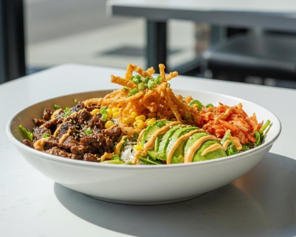 Korean beef bowl with avocado and crispy onions at AZN Bowls. Bao. Juice Bar, a Health food Restaurant in Duluth