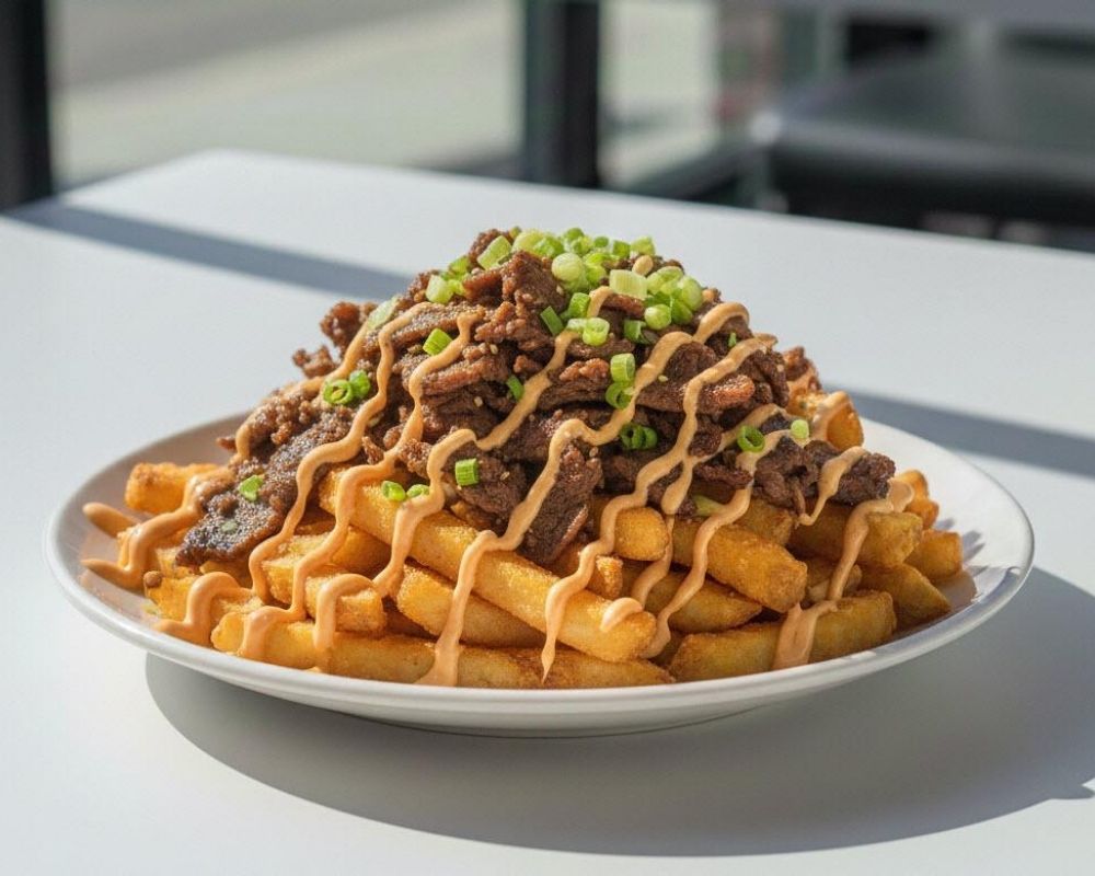 Loaded fries with spicy Korean beef and special sauce at AZN Bowls. Bao. Juice Bar, a Health food Restaurant in Duluth